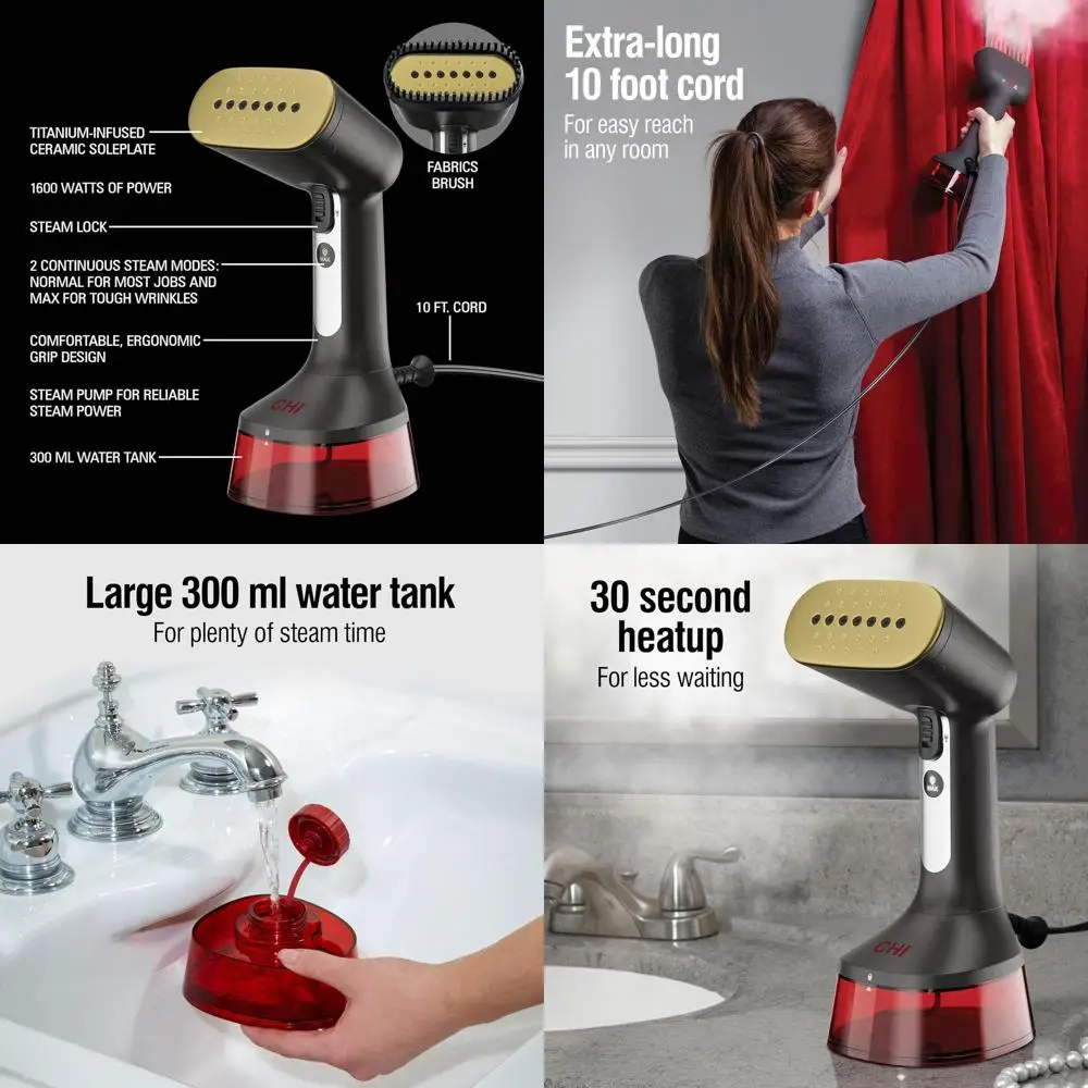 

Портативный отпариватель для ткани с резервуаром на 300 мл, двумя режимами отпаривания, щеткой для ткани, эргономичным дизайном, шнуром питания длиной 3 метра