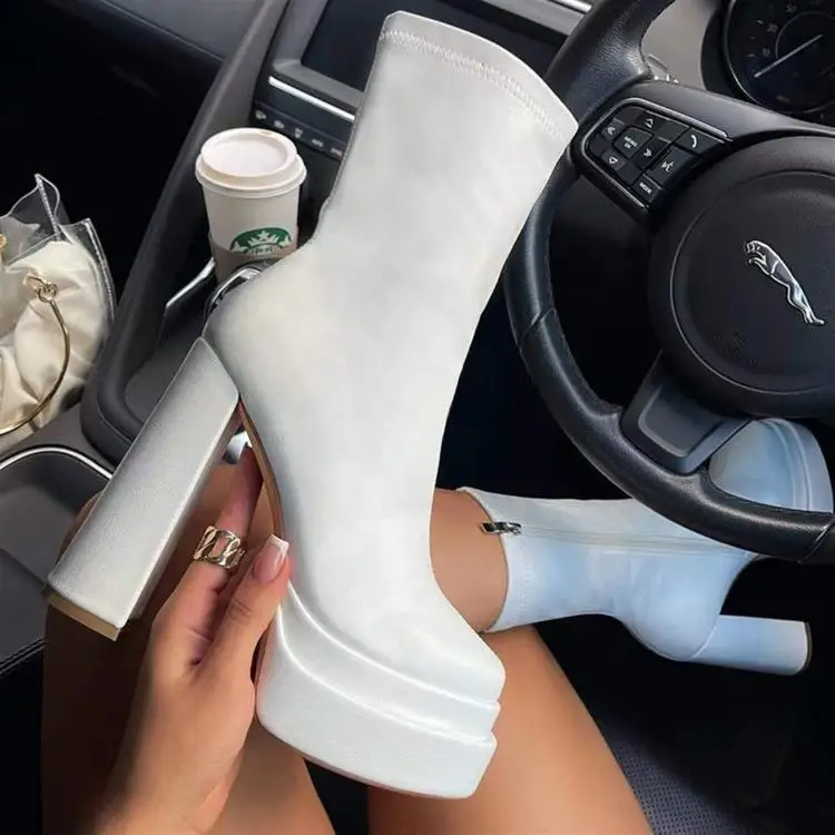 

Women Platform Mid Calf Boots Square Toe Chunky Heel Ankle Booties With Side Zipper Stretch Short Prom Wedding Boot