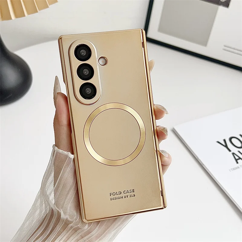 Etui na Samsung Galaxy Z Fold 7 6 5 z powłoką galwaniczną, magnetycznym metalicznym lakierem, hartowaną szklaną folią przednią, odporne na upadki, składane etui na telefon. — zdjęcie produktu 2