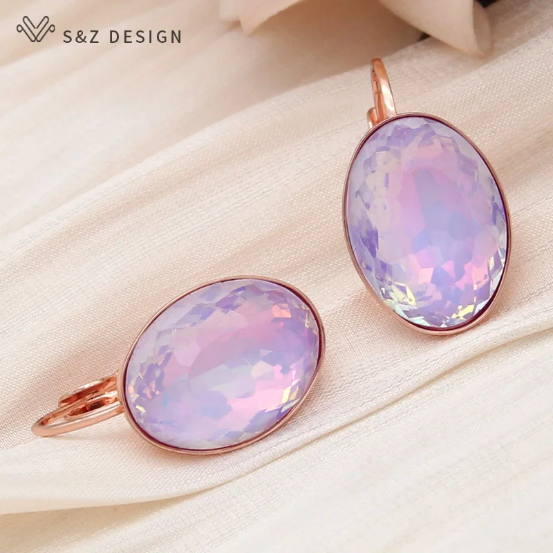 S&Z DESIGN New Trendy 585 Rose Gold Color Big Oval Egg Shape Crystal Dangle Earrings For Women Wedding Elegant Jewelry Gift