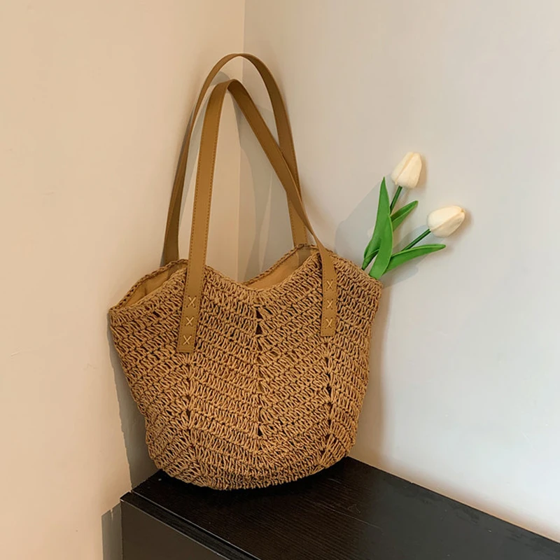 

Summer Straw Bags for Women Straw Shoulder Bags Rattan Woven Top Handle Bag Hollow Raffia Crochet Beach Bag Casual Handbags