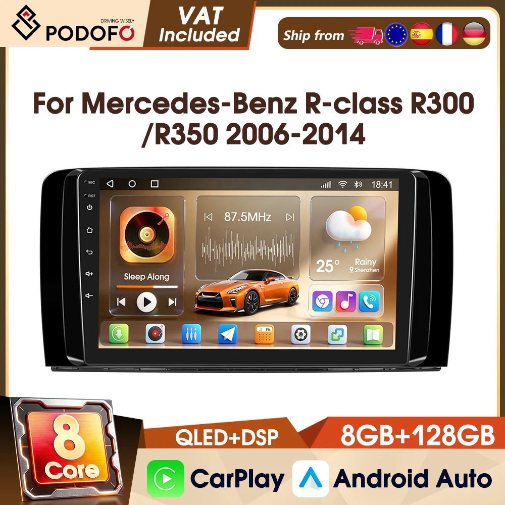 Autoradio stereo Podofo 9" 8Core 2 Din con CarPlay wireless per Mercedes-Benz Classe R R300/R350 2006-2014, WIFI, GPS, AM FM, RDS, schermo IPS, 8+128G, 4G, lettore autoradio
