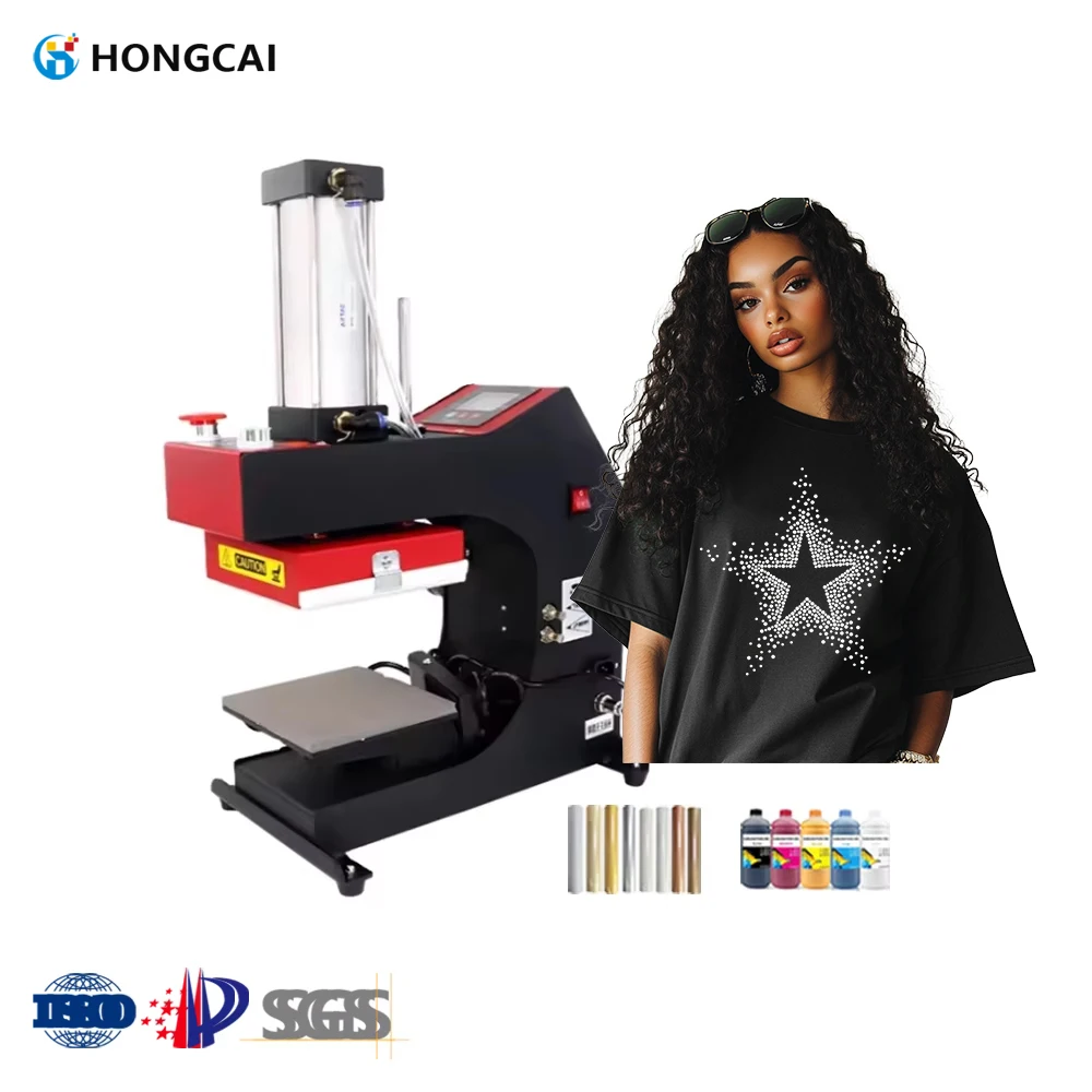 Hongcai Semi-automatic Pneumatic Heat Press Machine 15x15cm Single Working Station Rhinestone Pattern Heat Transfer Machine