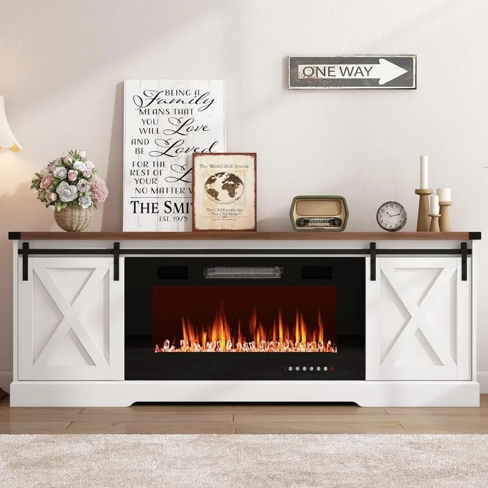 حامل تلفزيون مدفأة المزرعة لتلفزيون 70/75/80 بوصة، وخزائن تخزين مركزية ترفيهية 70 بوصة مع مدفأة كهربائية مقاس 36 بوصة و