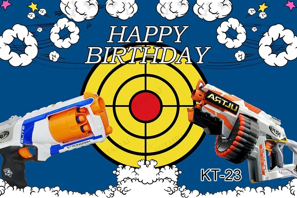 Affiche de banderole personnalisée, thème de bande dessinée, arrière-plan de fête, modèle de tir au pistolet, cercle de nuage blanc, accessoires de décoration d'anniversaire pour garçon