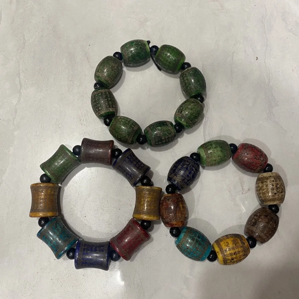 2026 Chinese Old Green Jade Hand Carved *Heart Meridian xinjing* Large Beads Bracelet