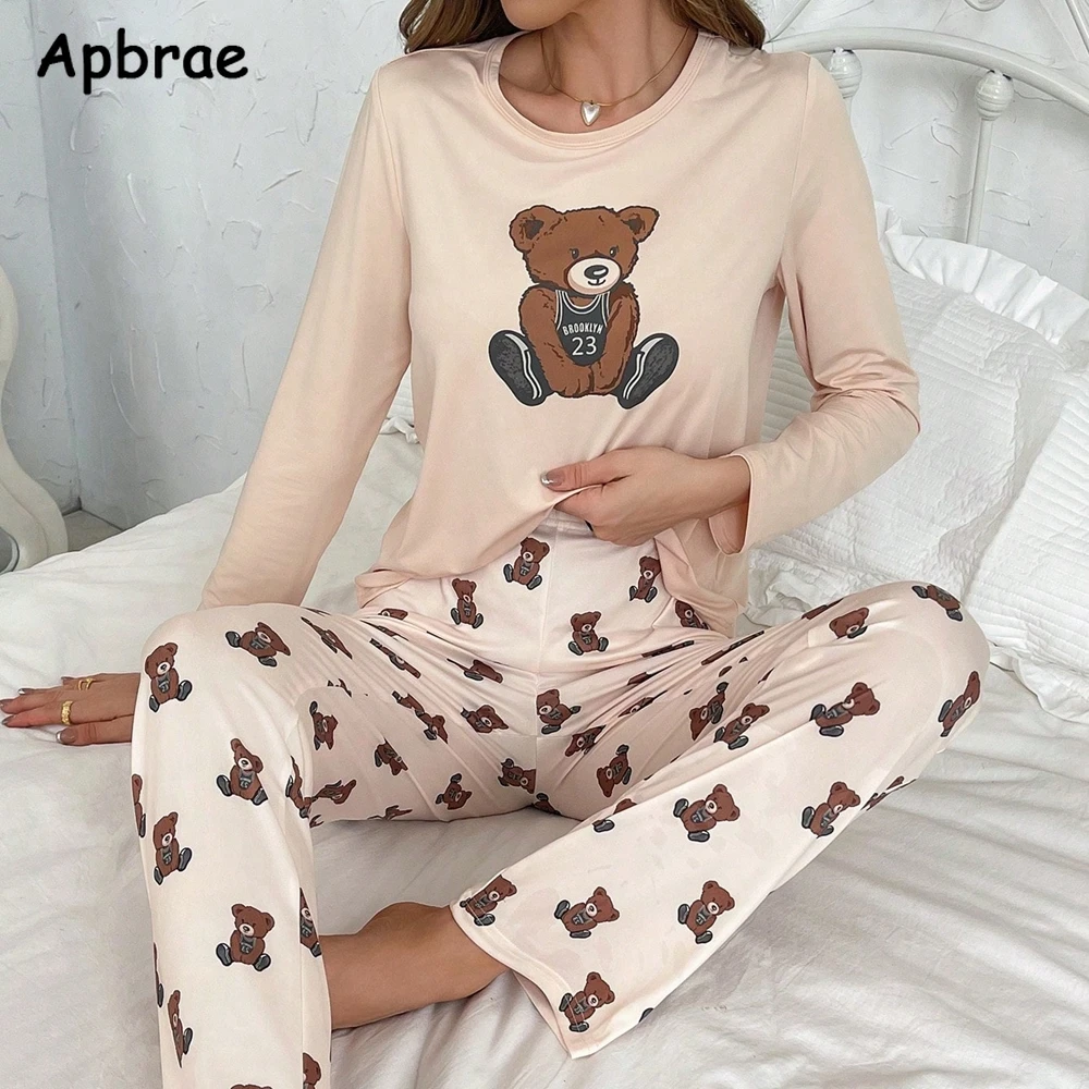 Cute Bear Print Pajamas for Women Autumn Winter Long Sleeves Full Pants Pajama Sets Woman Milk Silk Pijamas Girls Nightwear