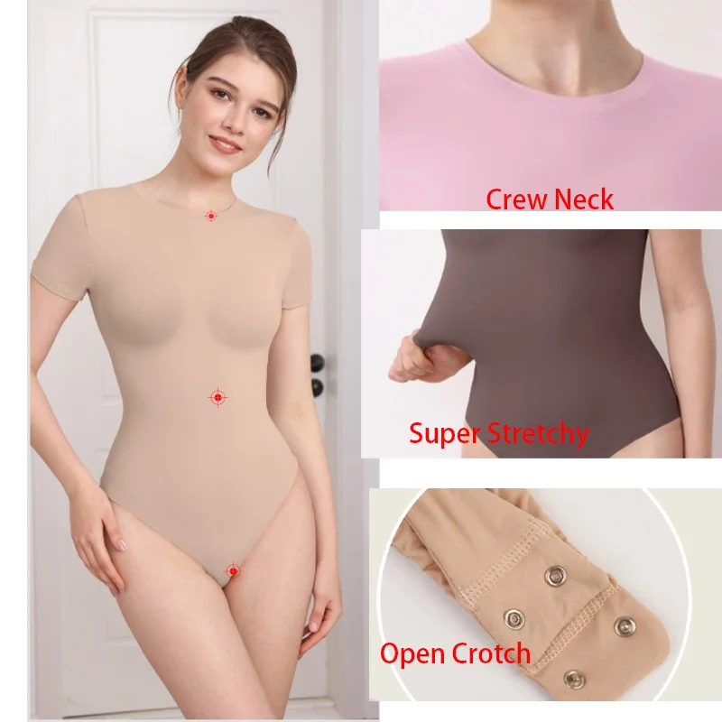 Dimmkof 4-way Stretch Upgrade Fabric T Shirts Basic Tops Soft Stretchy Crewneck Body Suit Summer Casual Work Everyday Bodysuits