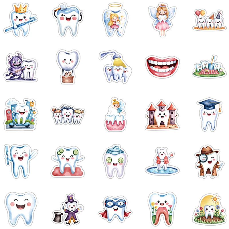 50PCS Cartoon Dental Health Stickers Cute Funny Tooth Stickers Waterproof Vinyl Decals for Laptop Water Bottle Scrapbook Bumper
