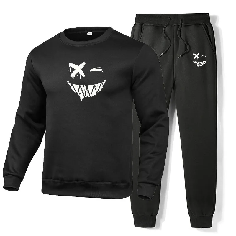 

Cotton Tracksuit Men smile face printed Sweatshirt Sweatpants 2 piece Men Sets Sport Suit Cotton Sweatsuits jogging Male set