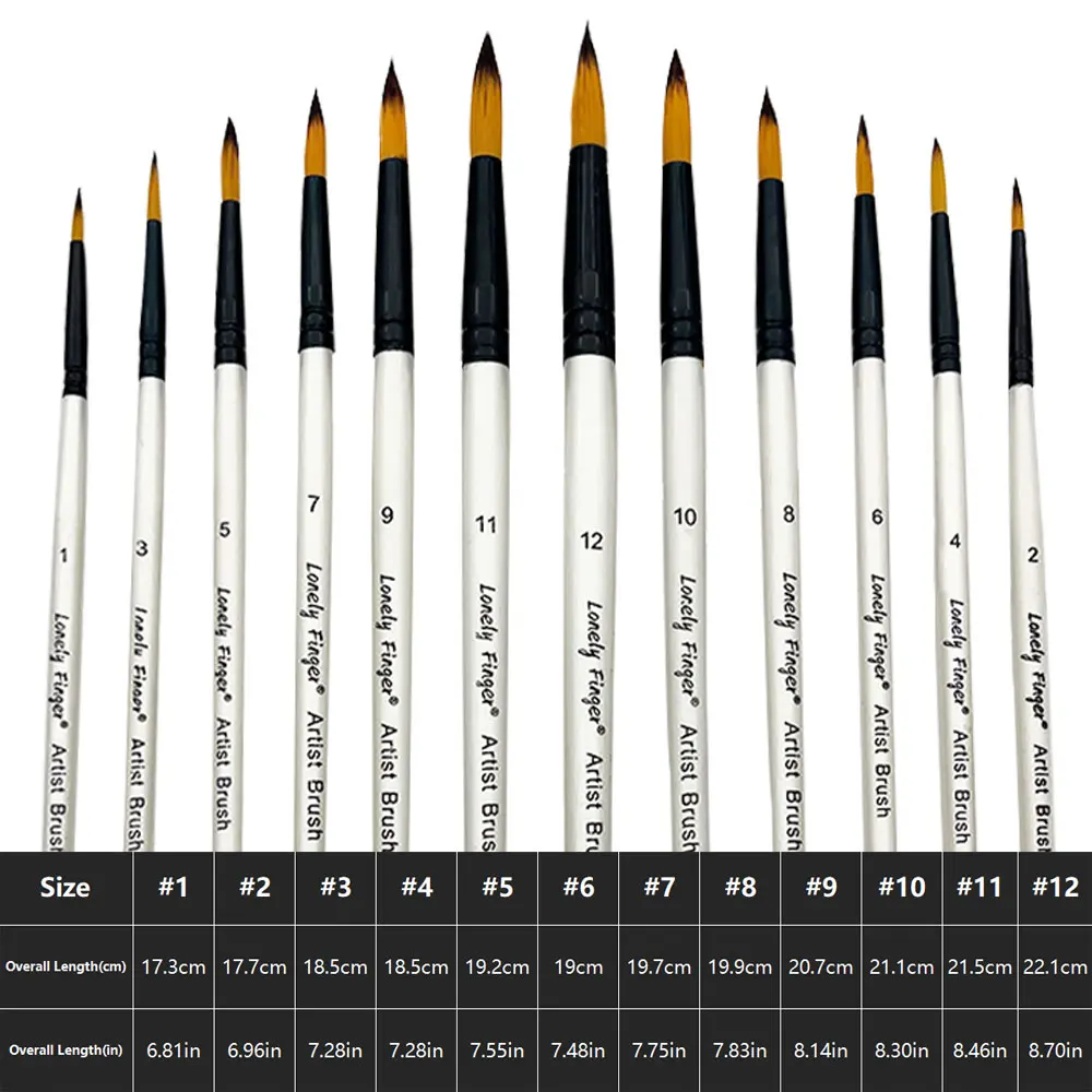 12Pcs Professional Quality Art Watercolor Brushes White Nylon Round Tip Set for Acrylic and Brushes for Face Body Nail Art