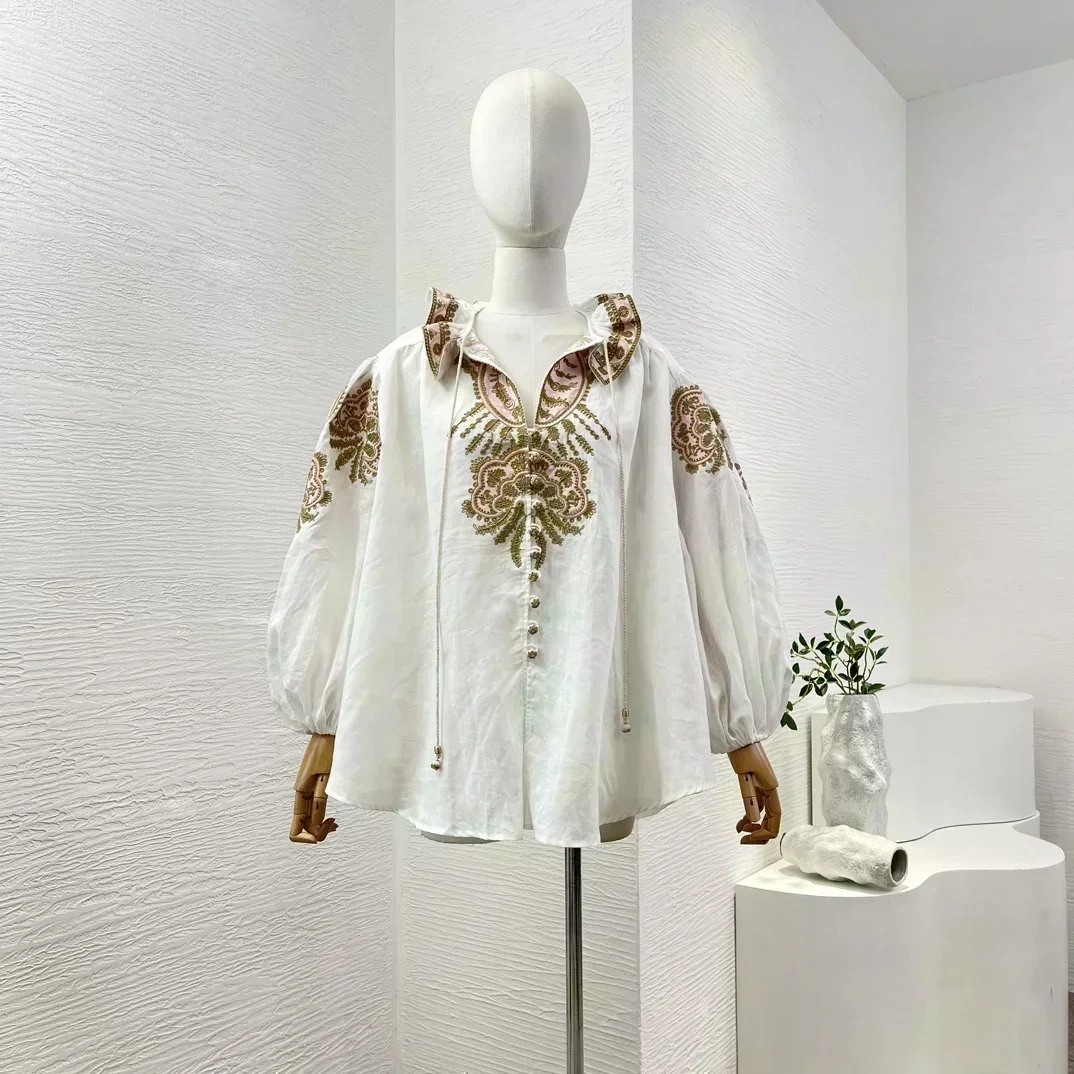 White Embroidery 2024 High Quality New Design Long Sleeve Ruffles Ramie Blouse Tops and Linen Shorts Women Set