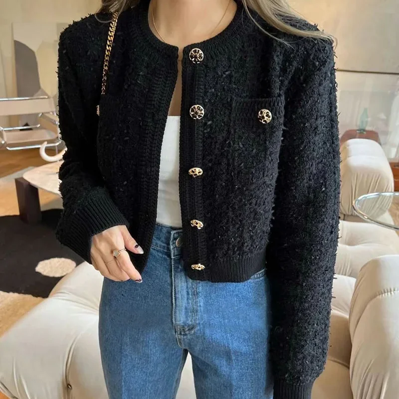 Korean Style Pink Round Neck Cropped Cardigans Women Chic Button Long Sleeve Knitted Coats Woman Elegant Pocket Short Cardigan