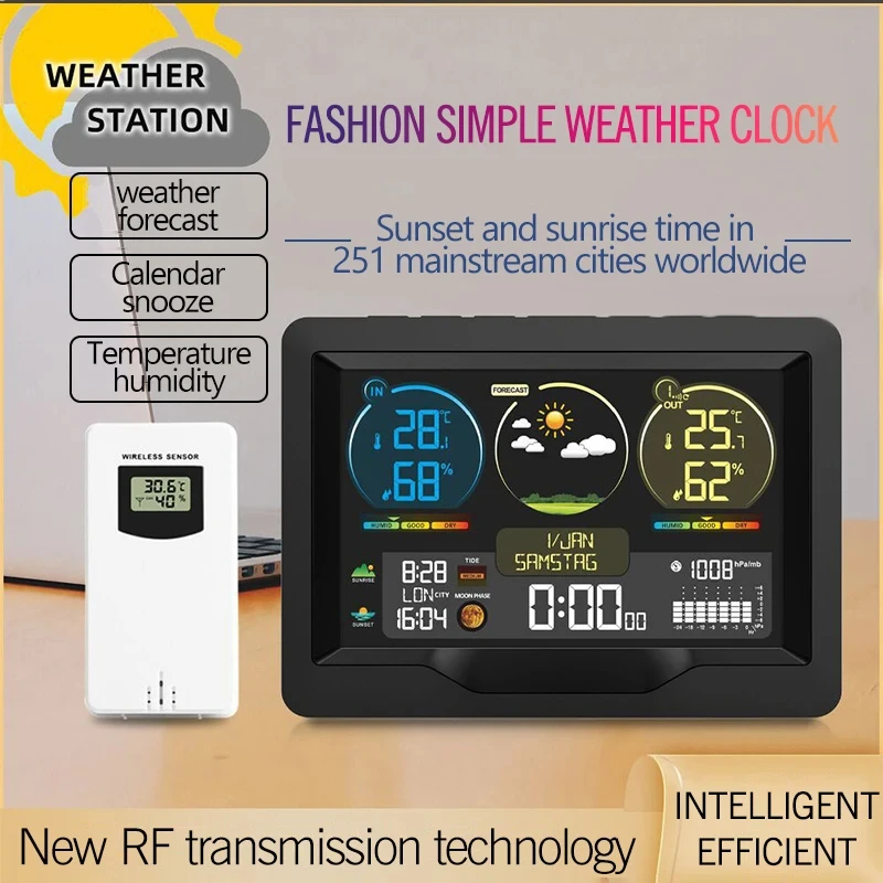 Smart Weather Station Clock Large Color Screen Indoor Outdoor Temperature Humidity Meter Weather Clock Brightness Adjustable