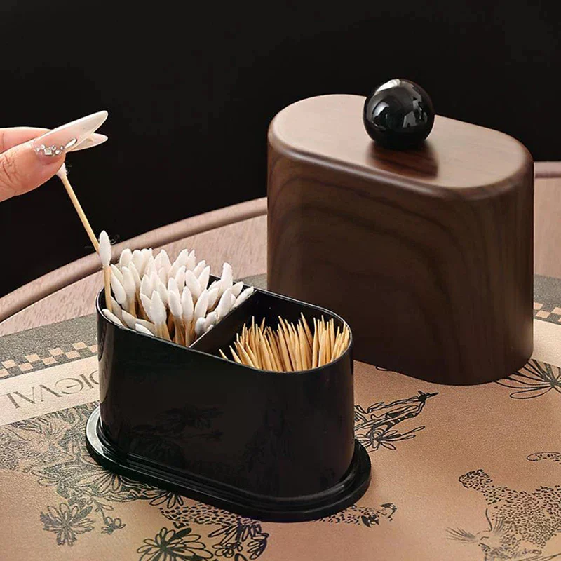 Walnut Grain Toothpick Holder With Dividers, Multi-Compartment Desktop Organizer For Toothpicks , Floss & Cotton Swabs