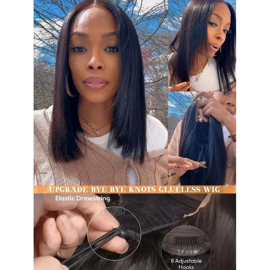 Wig Bob Rambut Asli Yaki Lurus 12 Inch, Model Drawstring, Tanpa Lem, Siap Pakai, 7x5 Bye Bye Knots, Pre Plucked, PreCut Lace Closure