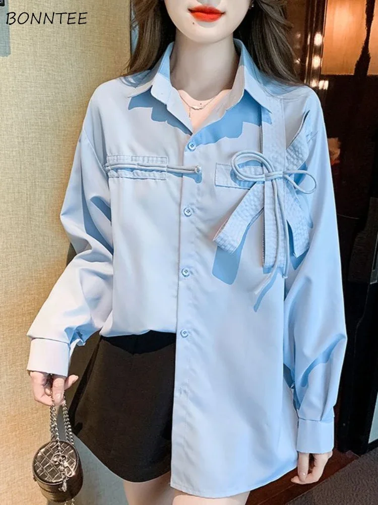 

Long Sleeve Shirts Women Solid Bow Spring Loose Fit Korean Style Girl All-match Design Casual Streetwear Trendy Clothing
