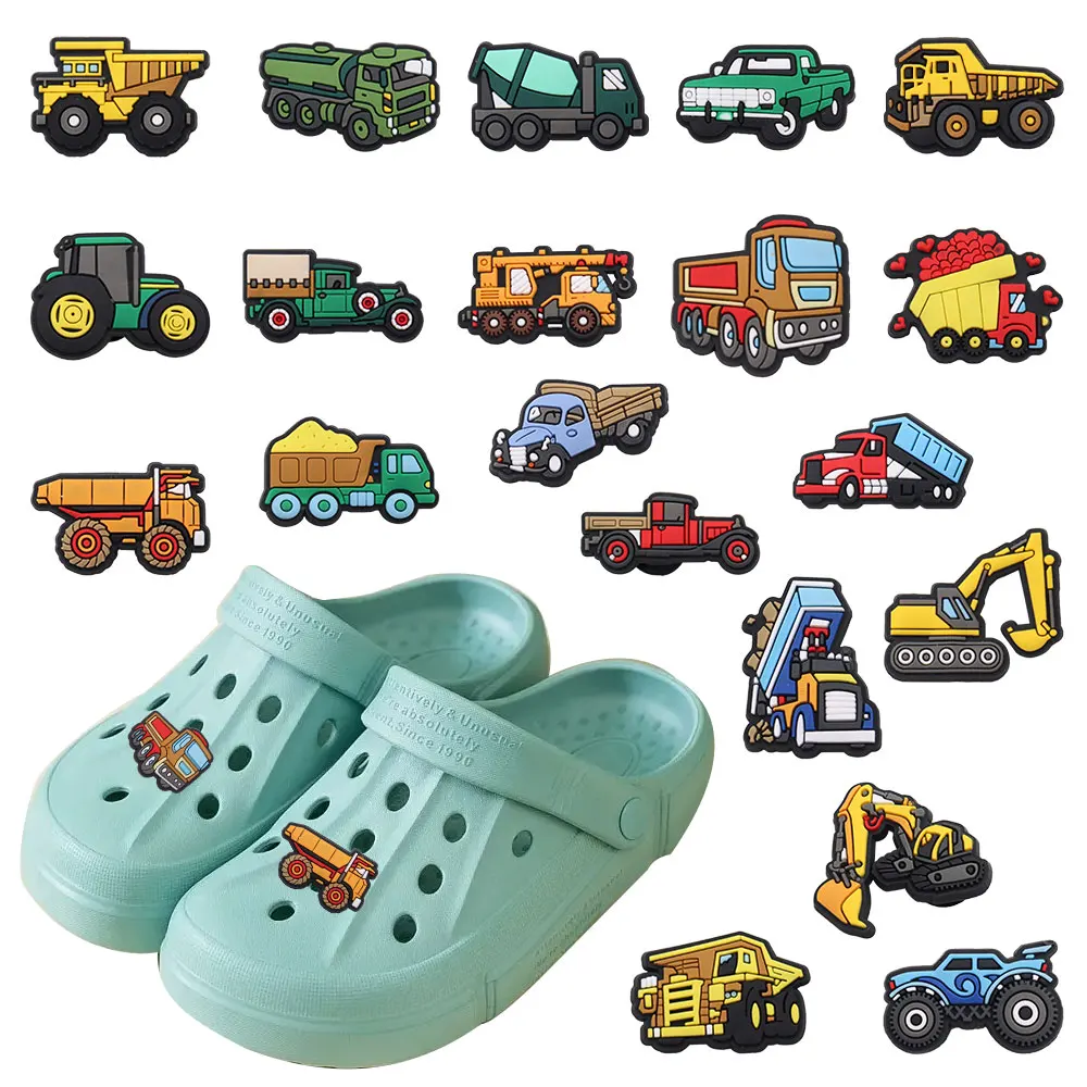 

Good Quality 1pcs PVC Shoe Charms Excavator Road Roller Truck Crane Accessories Kids Shoes Buckle Ornaments Fit DIY Party Gift