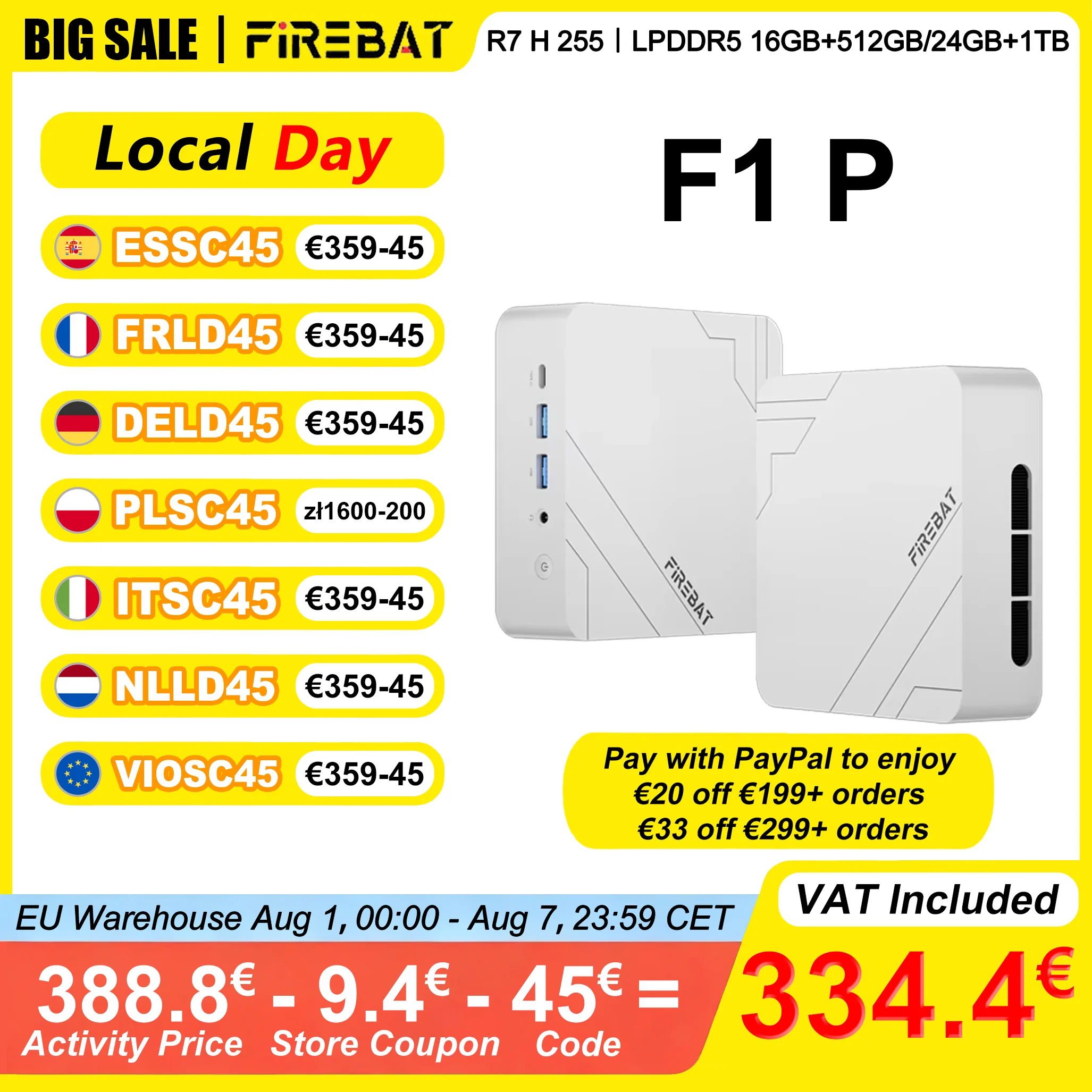 Mini PC FIREBAT F1 P 16 Go/24 Go LPDDR5 5600 MHz 512 Go/1 To SSD AMD Ryzen 7 H 255 Win11 Pro Wi-Fi 6 BT5.2 USB4.0 Ordin…