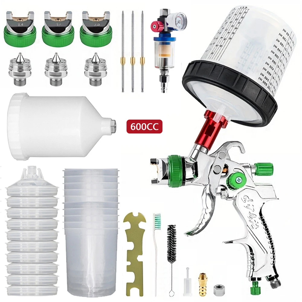 HVLP Spray Gun 1.4+1.7+2.0mm Nozzle Kit with Air Regulator Filters +10PCS No-clean Paint Mixing Cups High Quality Spray Gun