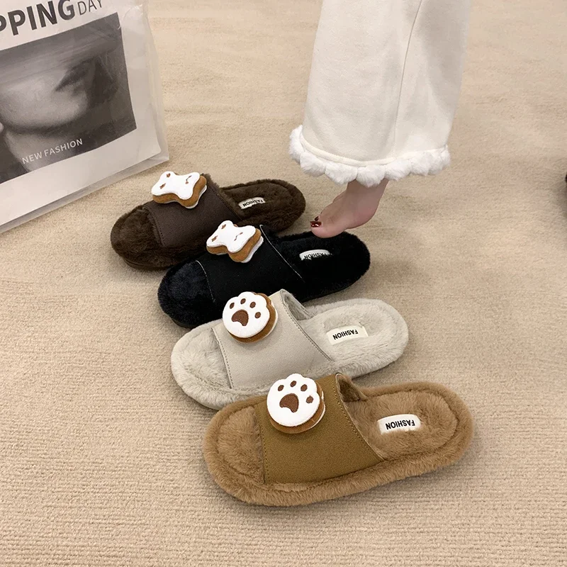 New Winter Women Fashion Cartoon pattern Plush House Slippers Soft comfortable Furry Open Toe Non Slip Cotton Slippers Female