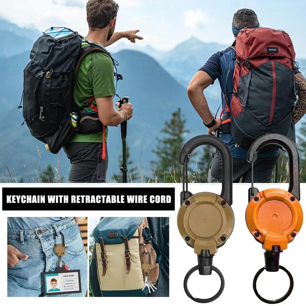 1pc Retractable Heavy Duty Pull Reel Carabiner Strong Tool Wire Camping Steel Chain Outdoor Rope Hunting Buckle Y5a1