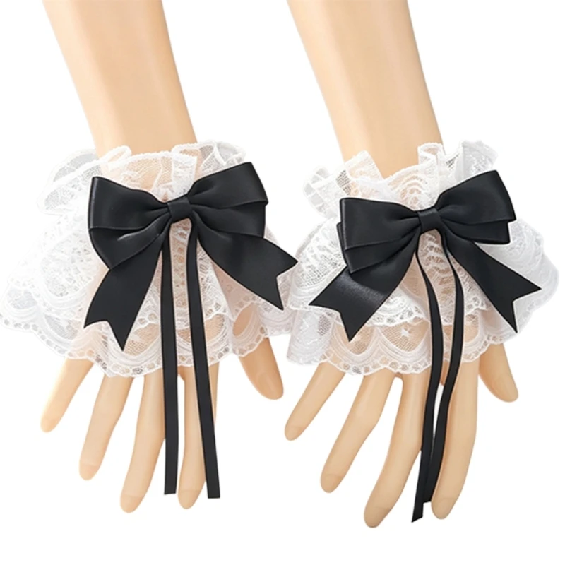 Anime Lace Wrist Cuffs for Women Satined Bowknot Ruffle Pair Elastic Accessories for Maid Gothic Cosplay Party Outfits