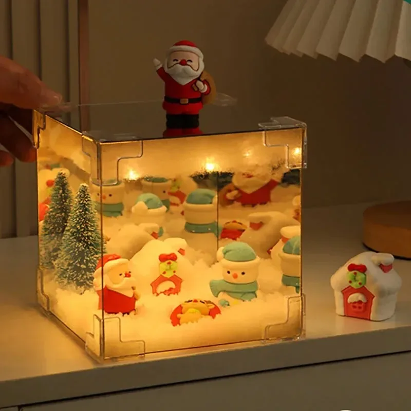 Holiday Table Lamp DIY Christmas Snow Scene Box with Santa Trees, USB Powered Warm White LED Ornament for Desk Shelf Gift
