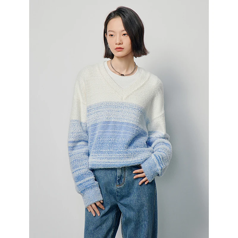 Toyouth Women Gradient Sweater 2024 Spring Long Sleeve V Neck Loose Knitwear Fashion Chic Comfort Warm Pink Blue Pullover