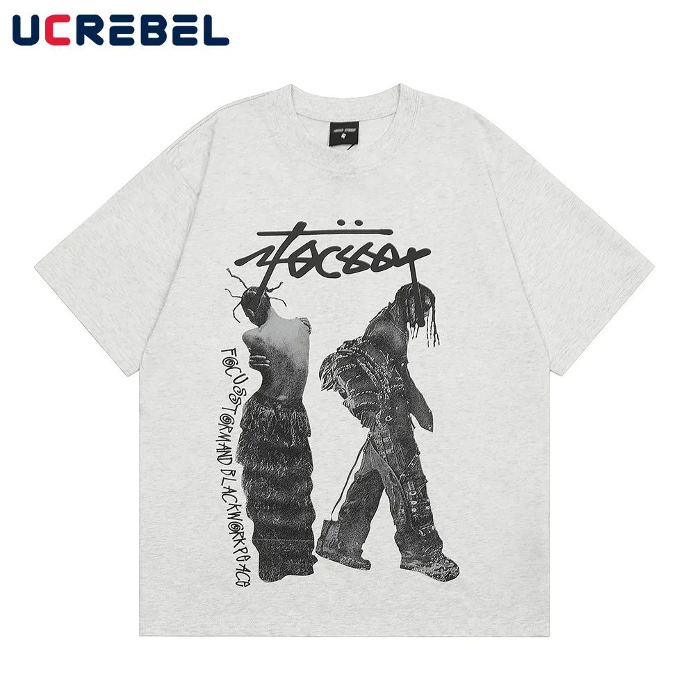 Portrait Print Print Short Sleeve T-shirt Mens Streetwear Hip Hop Loose Crew Neck Half-Sleeve Cotton Tee Men