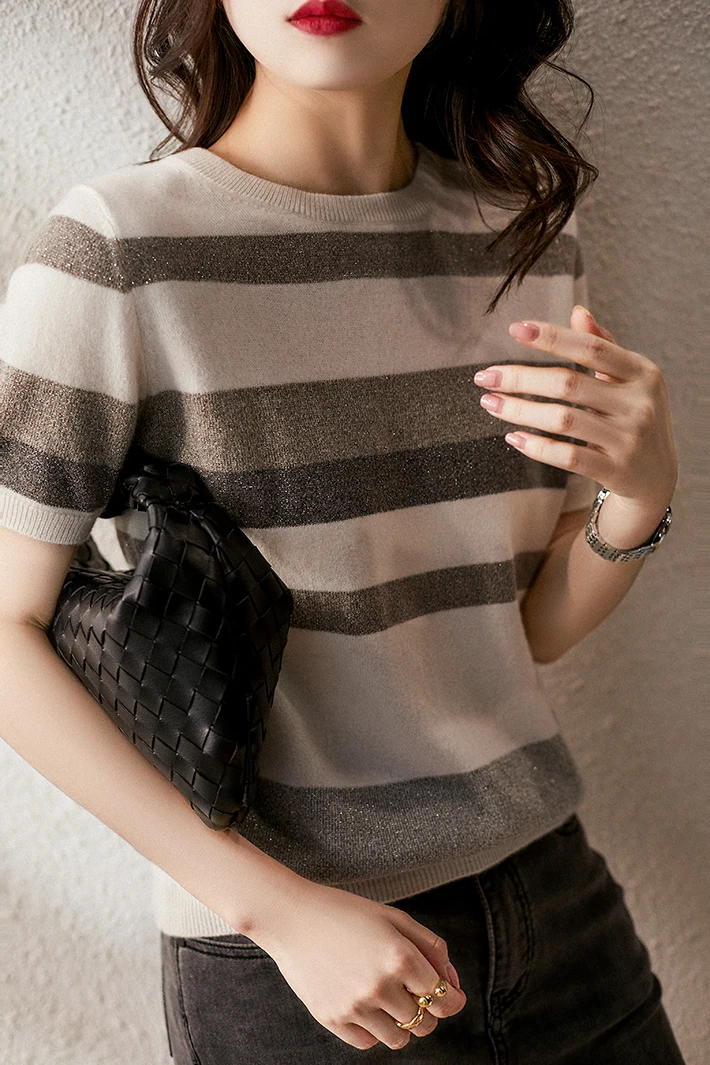 Summer New Sle Women's Ice Silk T-irt Stripe ort Sve Knitted Loose Slim round Ne Pure Cotton Thin Top Commute Sle