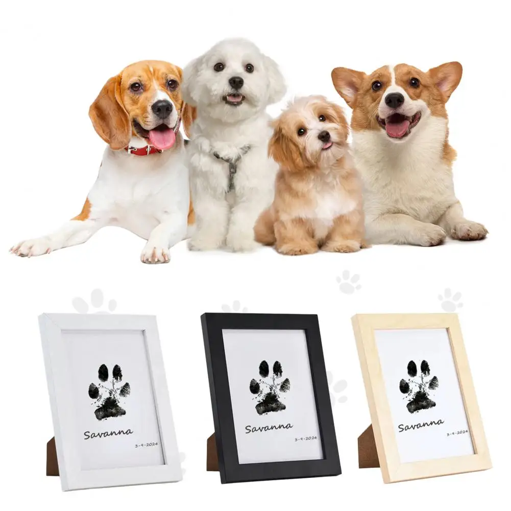 1 Set Pet Paw Printing Kit with Wooden Photo Frame DIY Dog Cat Paw Print Impression Puppy Kitten Pawprint Memorial Picture Frame