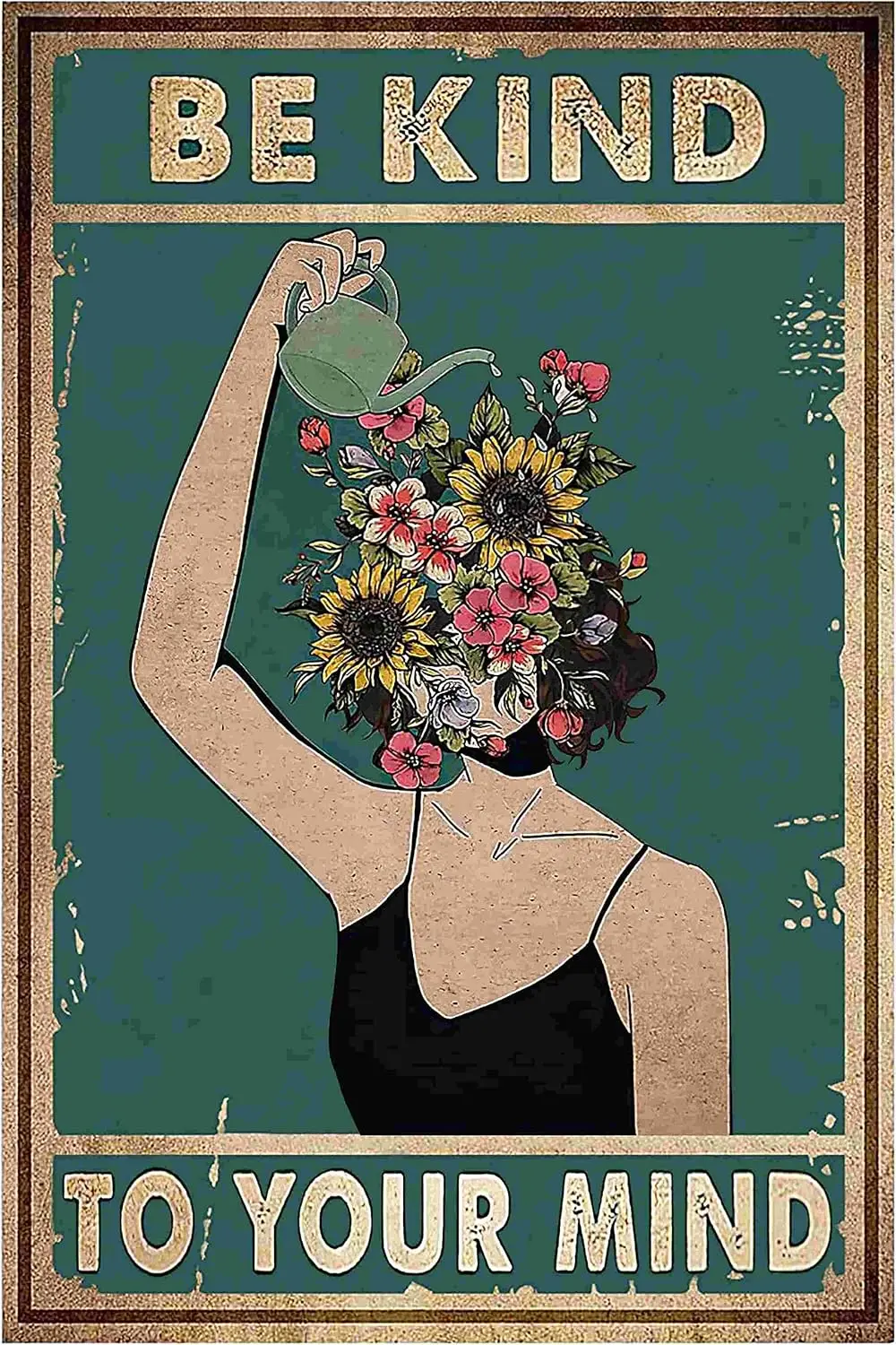 Inspirational Boho Wall Art - Be Kind to Your Mind Metal Poster,  , Vintage Botanical Design for Office and Home Deco (951)--Tin