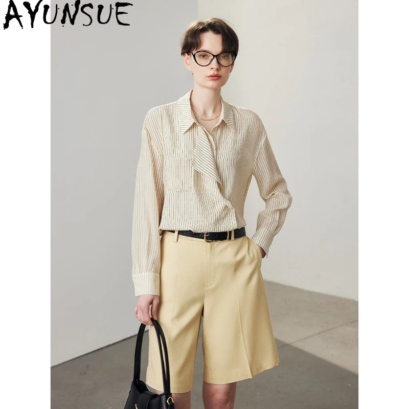 

AYUNSUE 100% Mulberry Silk Blouse for Women Striped Shirt Irregular Collar Unique Style Tops Woman Clothing Blusas Femininas