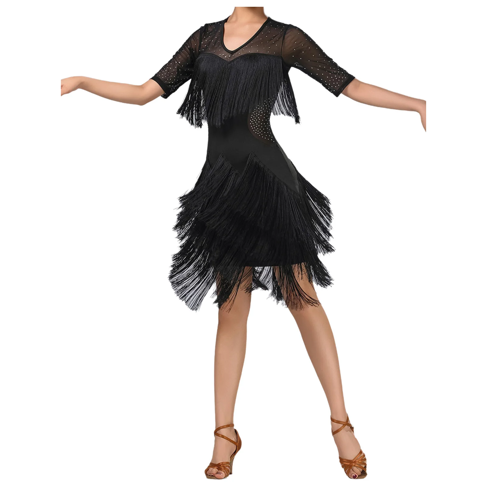 

Women Latin Tango Tassel Dress Dancewear Shiny Rhinestones Mesh Short Sleeve Irregular Hem Fringe Dress for Chacha Rumba Samba