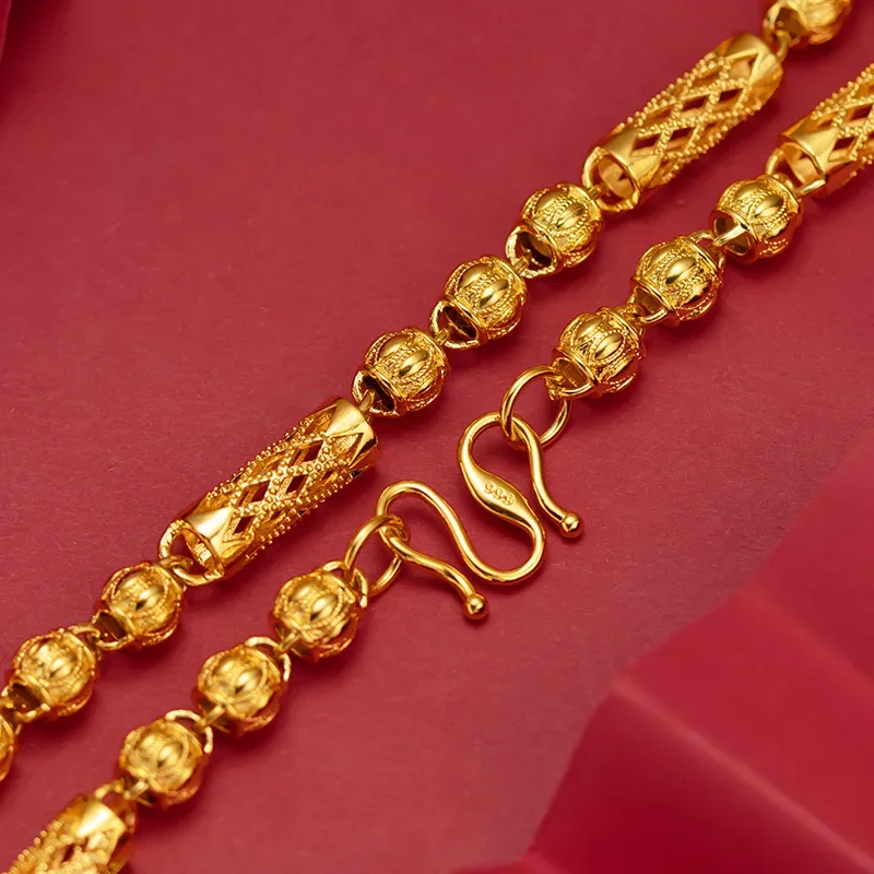 

9999 Real Gold 24K Men's Hollow Carved Grid Cylinder with Frosted Bead Necklace Fashion