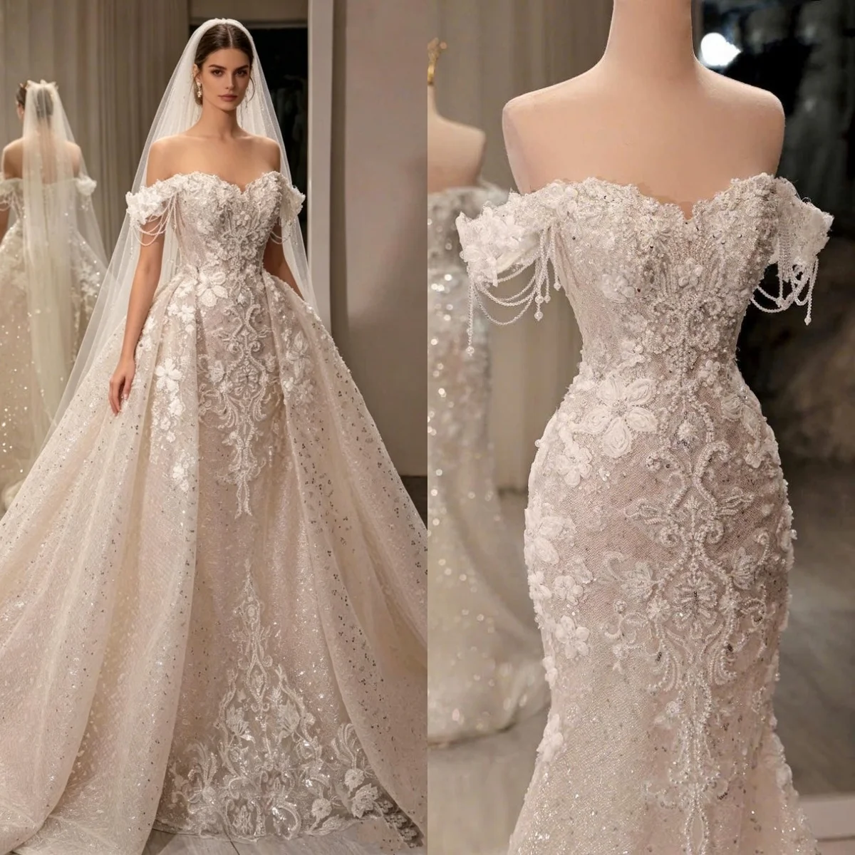 Customized Luxury Off Shoulder Sparkling Ball Dress Wedding Dress Sweetheart Flower Lace Bride Dress Cathedral Train