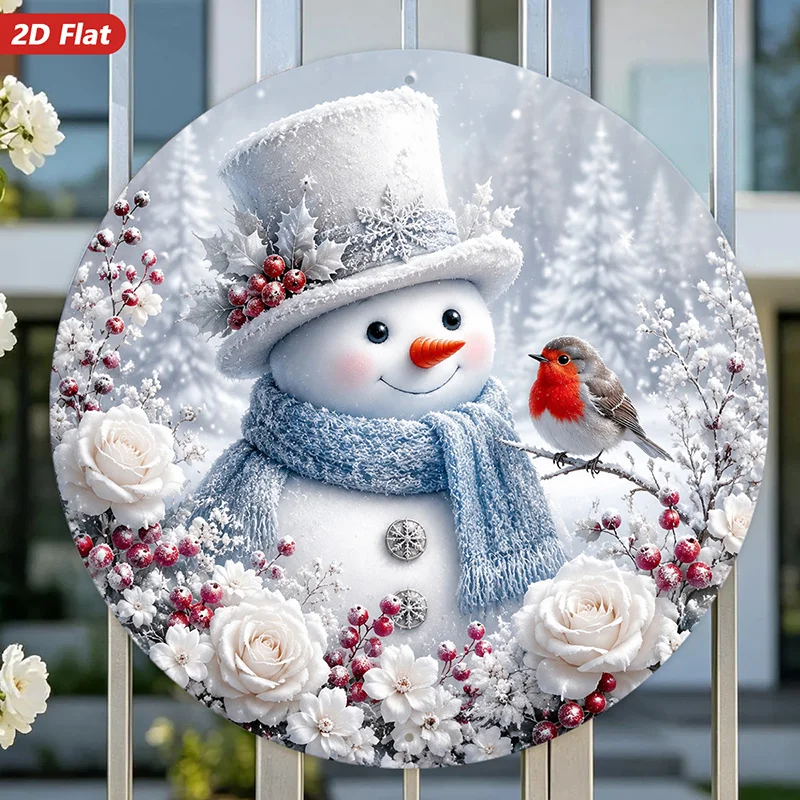 2D Flat Circular Metal Sign Wall Art, Snowman Home Decor, Winter Theme, Floral Elements, Bird Accents, Suitable for Living Room