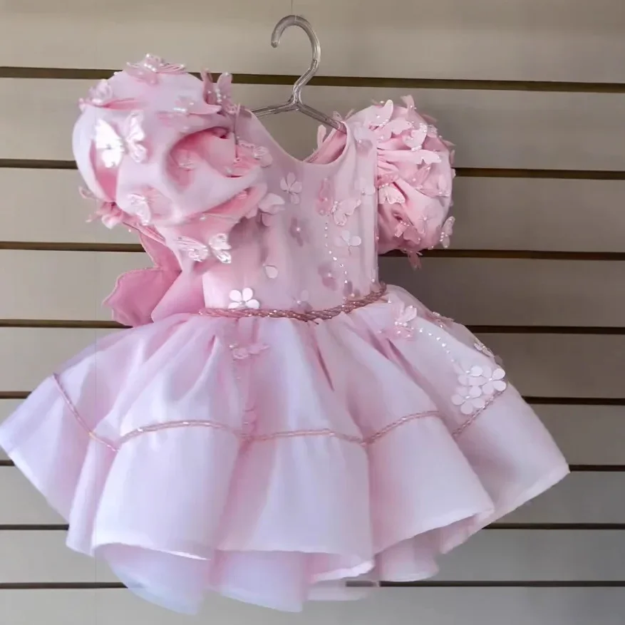 

Custom Flower Girl Dress Wedding Gown Birthday Party Dress Puff Sleeve Butterfly Sequin Decor Ruffled Princess Dress For Little
