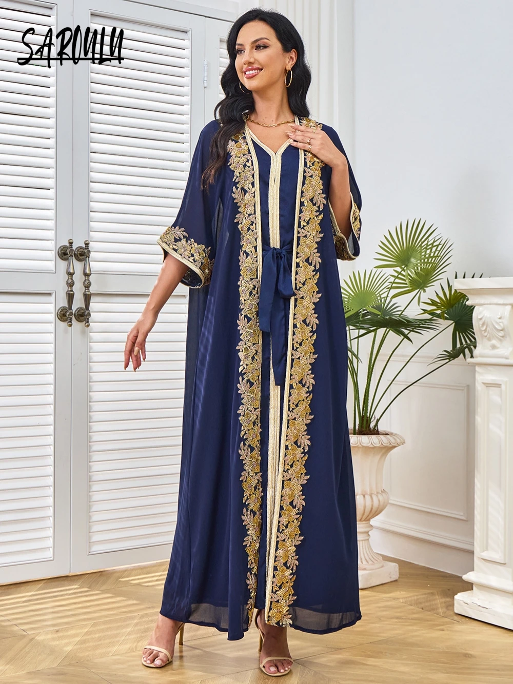 

New Arrival Arabic Two Pieces Evening Dress Elegant V Neck A Line Customized Muslim Women Robe Delicate Party Beading Prom Gown