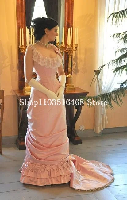 Vintage Victorian Evening Dresses Medieval Corset Corset Ruffled Gown Peach Pink With Back Trailing Dresses For Formal Occasions