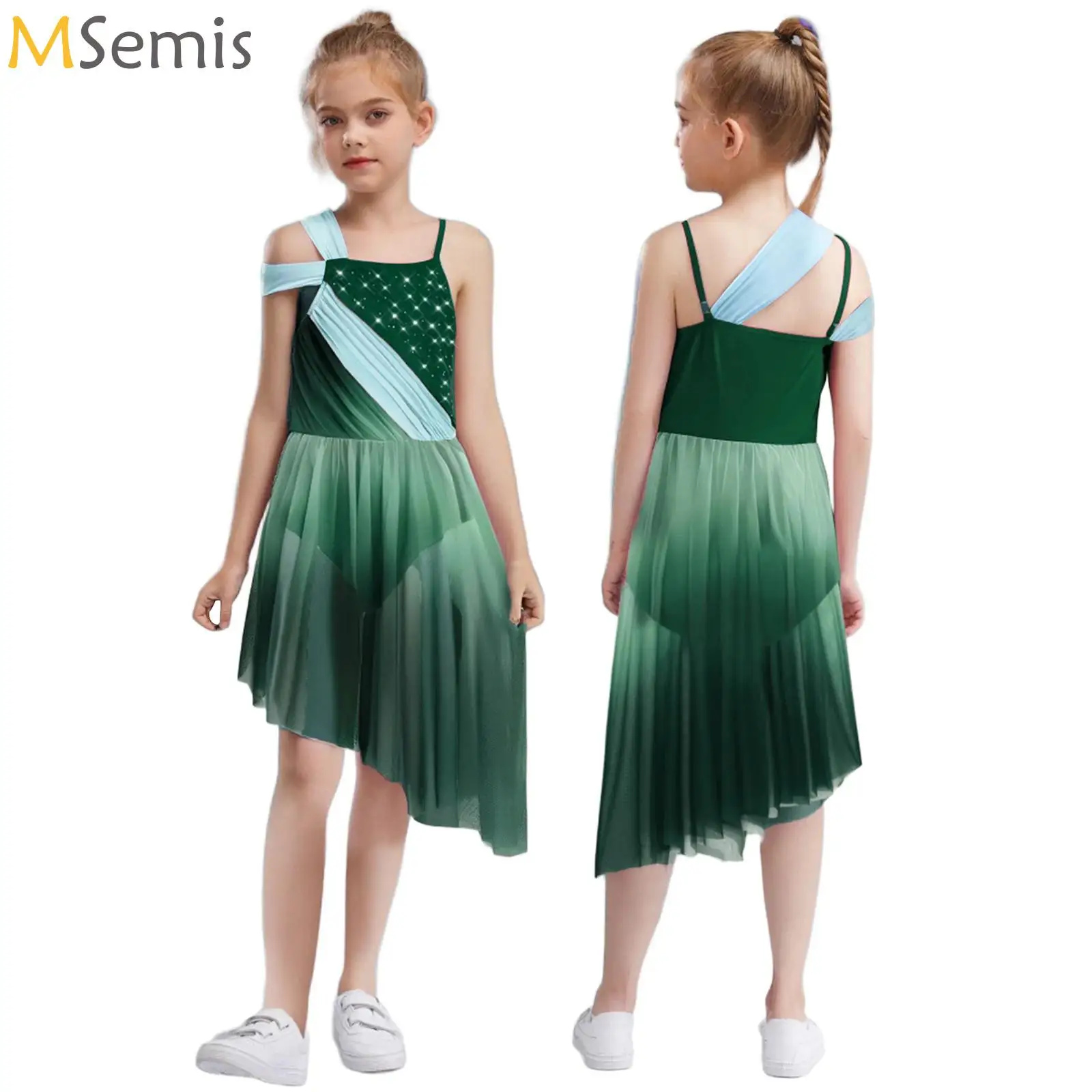 

Kids Girls Gradient Asymmetrical Lyrical Dance Dresses Shiny Rhinestones Mesh Dress for Figure Skating Performance Competition