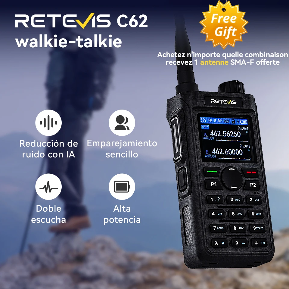Retevis C62 walkie talkies de largo alcance radio a pilas emisora radioaficionado radio emergencia supervivencia radio portátil recargable walkie talkie larga distancia profesionales UHF VHF camping radio supervivencia