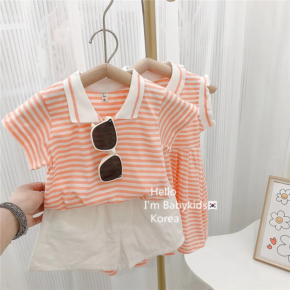 Summer Children Brother Sister Look Set Kid Baby Girls Striped Short Sleeve Polo Sundress Thin T-shirts Solid Shorts 2PCS Outfit