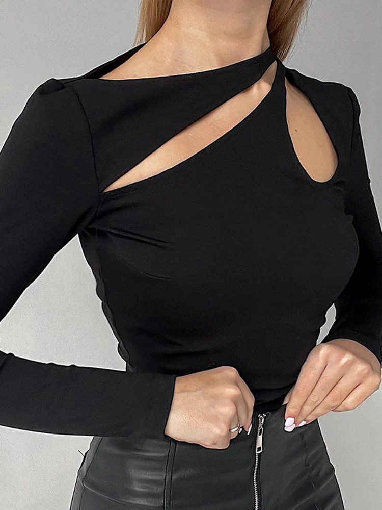 Lady Black Top Women Long Sleeve Tees Hollow Out T-Shirts Spring Autumn Clothes Casual Basic Bottoming Shirt Streetwear Crop Top