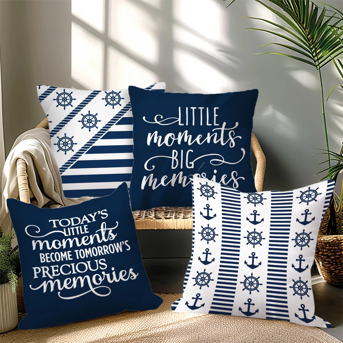 4pc Nautical Themed Throw Pillow Covers with Inspirational Quotes and Marine Elements
