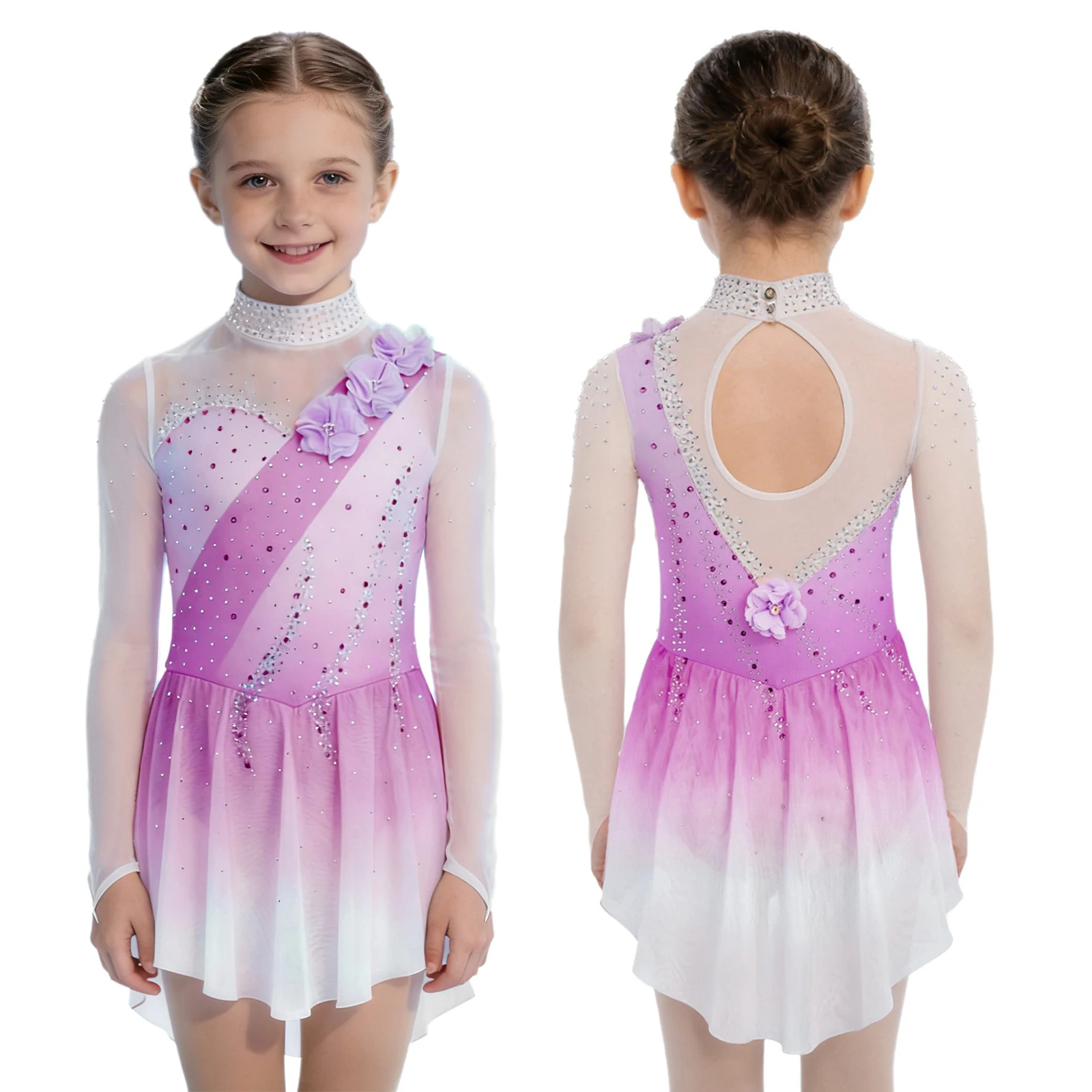 Vestido de patinaje artístico para niñas, traje de baile de Ballet para gimnasia, acrobacias, apliques de diamantes de imitación brillantes, vestidos de leotardo de malla transparente
