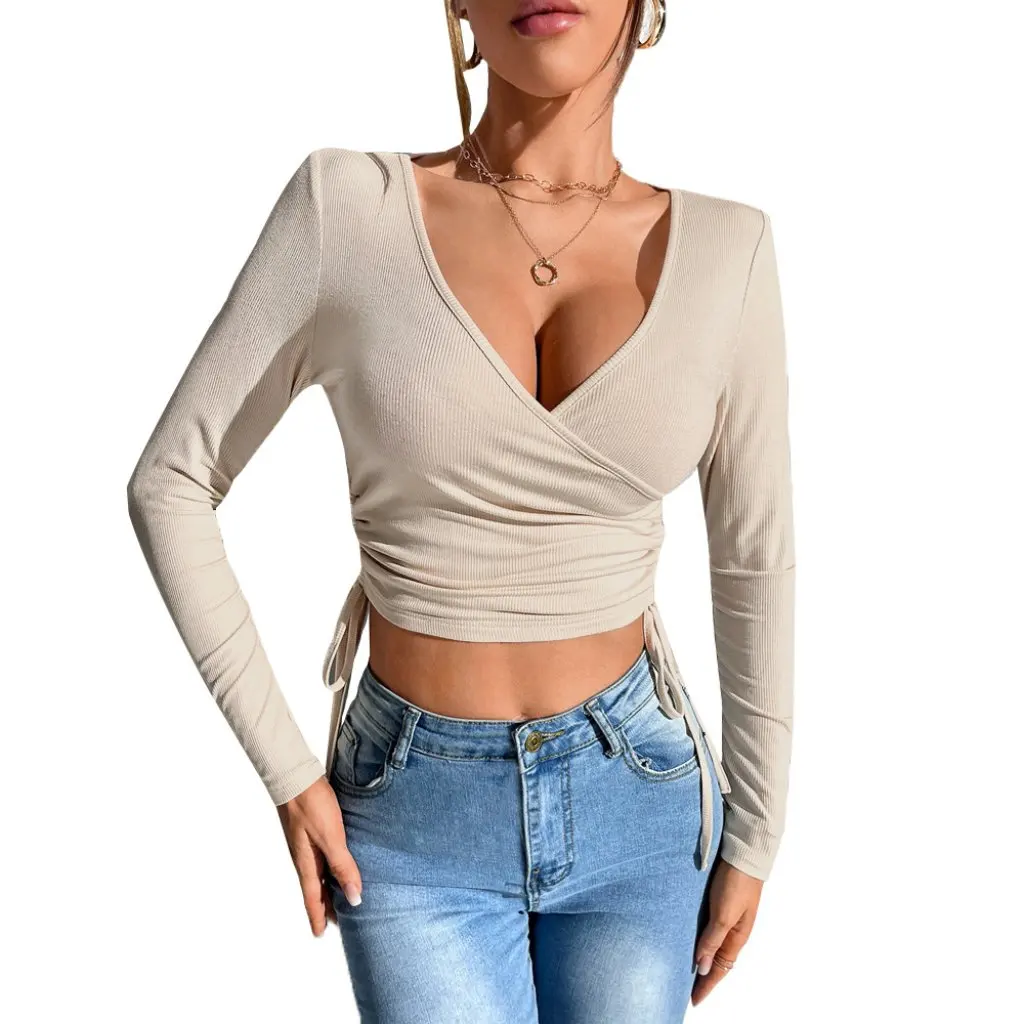 

Sexy V Neck Long-Sleeved T-Shirt Autumn Winter Slim Fit Waist Strap European American Style Bottoming Top