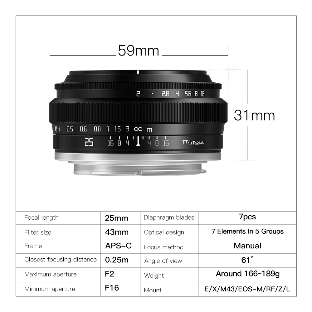 TTArtisan 25mm F2 MF Mirrorless Camera Lens for Nikon Z Sony E Fujifilm XF Panasonic Olympus M43 xt10 xt3 xt5 a6400 a6300 a7c