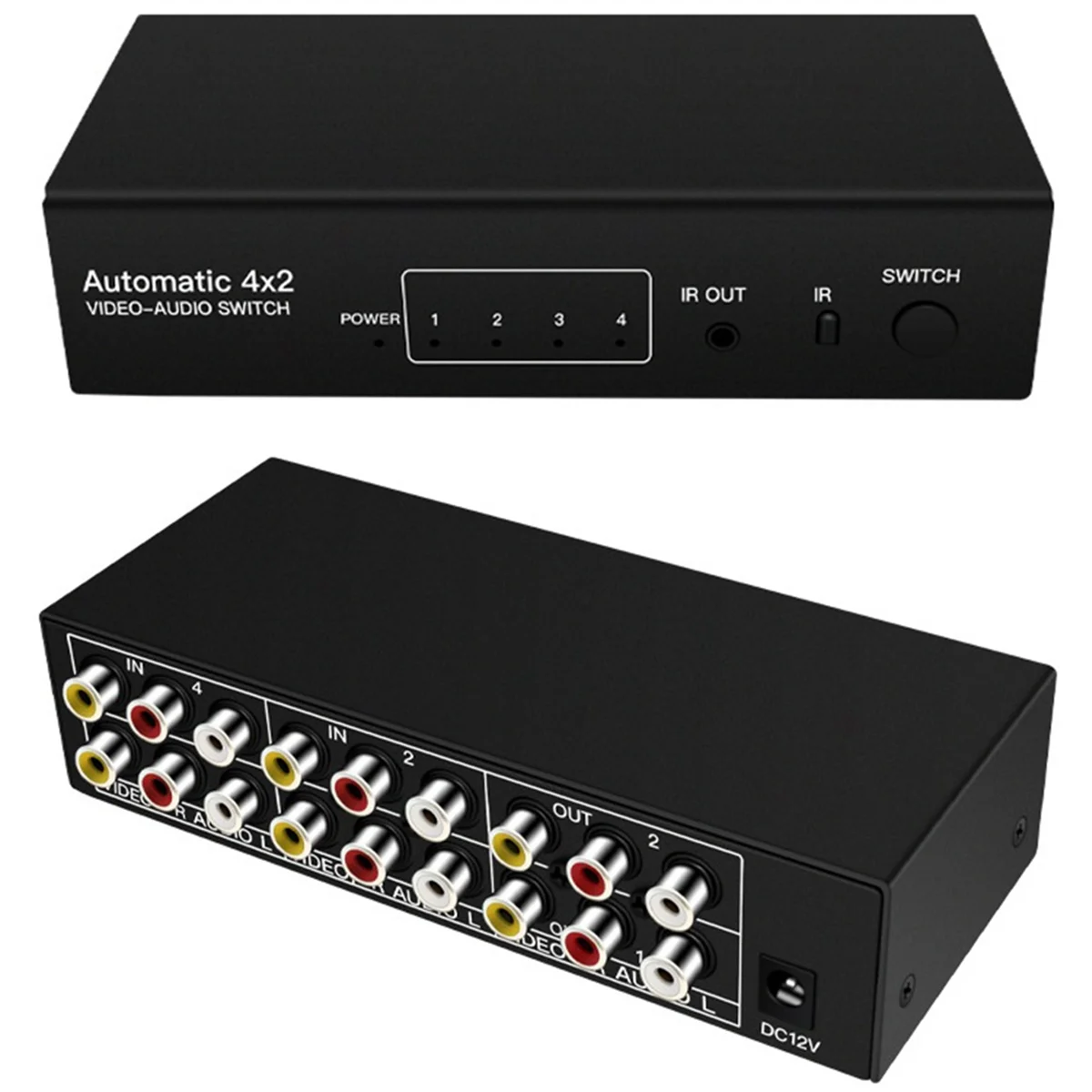 Composite AV RCA Switch Splitter 4 in 2 Out Analog Video C-VBS RCA AV Splitter Switch 4X2 z pilotem do DVD TV US Plug